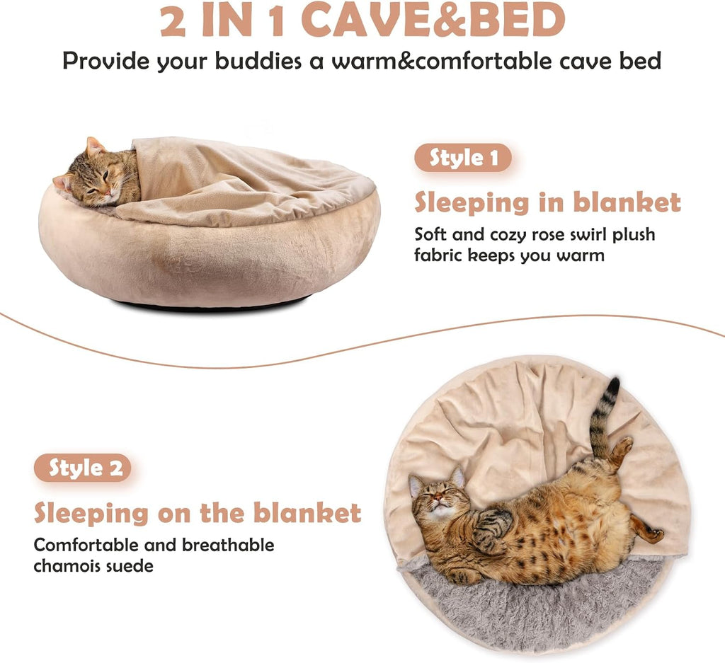 JOEJOY Small Dog Cat Bed With Hooded Blanket, Cozy Cuddler Luxury Puppy Pet Donut Round Calming Anti-Anxiety Burrow Cave - Anti-Slip Bottom, Machine Washable, 23 Inch