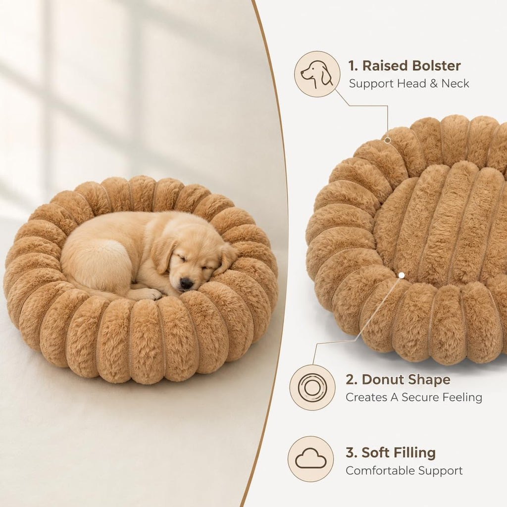 Calming Dog Bed Medium Size Dog Donut Washable Pet Bed, 31.5” Khaki