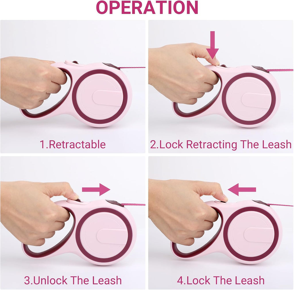 Segarty Dog Retractable Leash, 16ft Heavy Duty Walking Dog Leash for Medium Small Pet up to 44lb, Anti-Slip Handle 360°Tangle-Free Nylon Tape, 1-Handed 1 Button Lock and Release (Pink Wine)