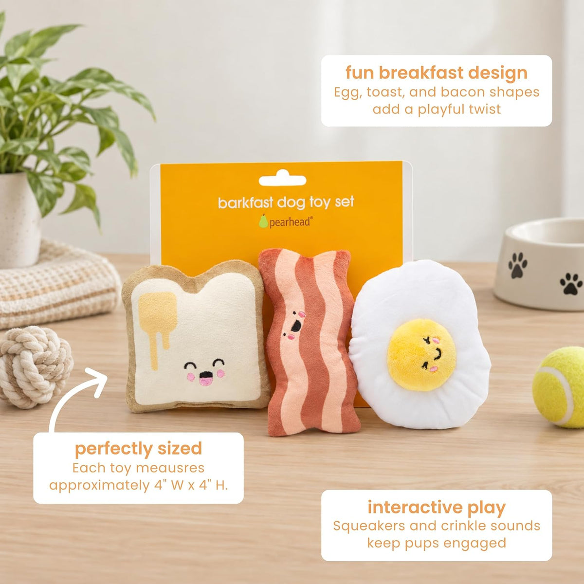 Pearhead Breakfast Dog Toy Set - 3-Piece Bunch Food Theme (Egg