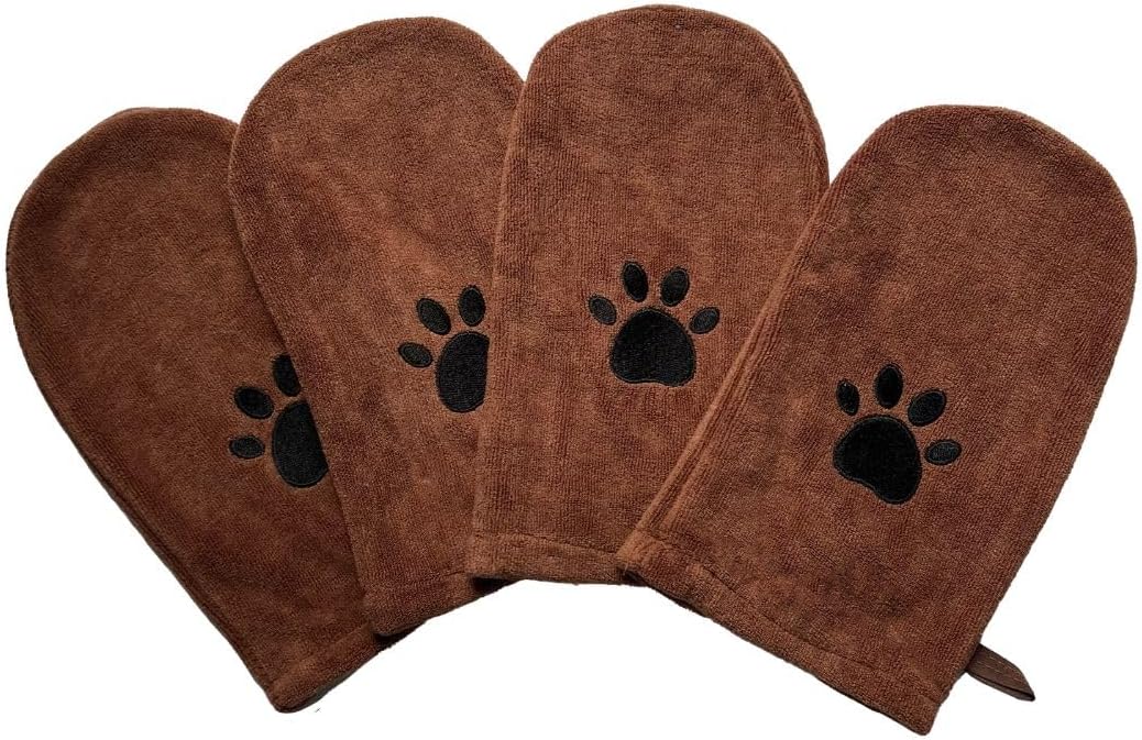 Penny & Niko Microfiber Pet Towel Mitts - Paw Cleaning and Drying Mitts/Gloves for Dogs and Cats (Brown, Standard - 4 Pack)