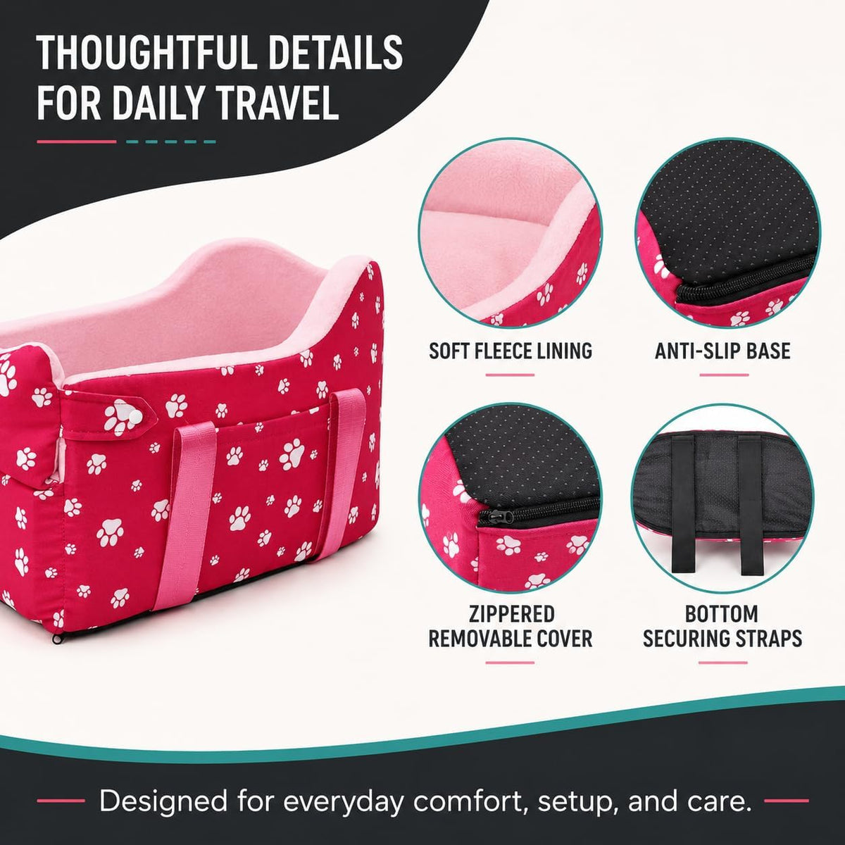 Center Console Dog Car Seat for Small Dogs Under 15 lbs - Detachable Washable Carrier with Safety Belt & Storage Pockets, Pink