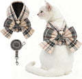 KOOLTAIL Cute Cat Harness and Leash Set with Bowtie, Small Dog Vest Harnesses, Step in No Pull Soft Mesh Padded Adjustable Plaid Pet Harness for Extra-Samll Medium Puppy Kitten, Boy Girl, Beige XS