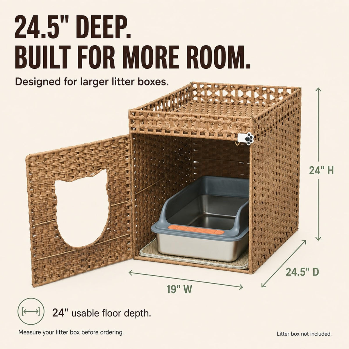 Handwoven Rattan Cat Litter Box Enclosure for Large Litter Boxes, 24.5-Inch Deep Hidden Cat Washroom Furniture with Litter Mat & 2 S-Hooks, Natural