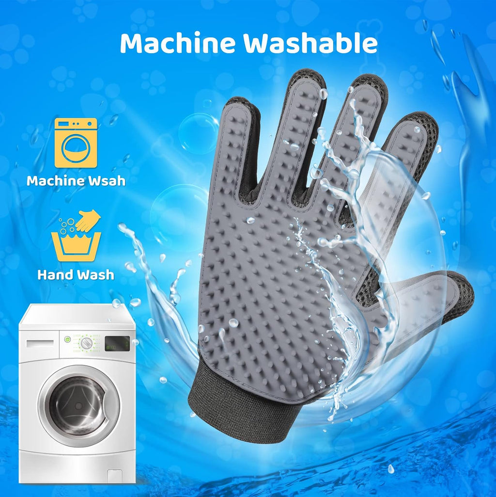 Pet Hair Removal Glove with 255 Silicone Tips for Dogs & Cats, 1 Pair Gray | 2-in-1 Deshedding & Massage Mitt, 5-Finger Flexible Design, for Bathing & Grooming, Safe for Long/Short/Curly Hair Pets 