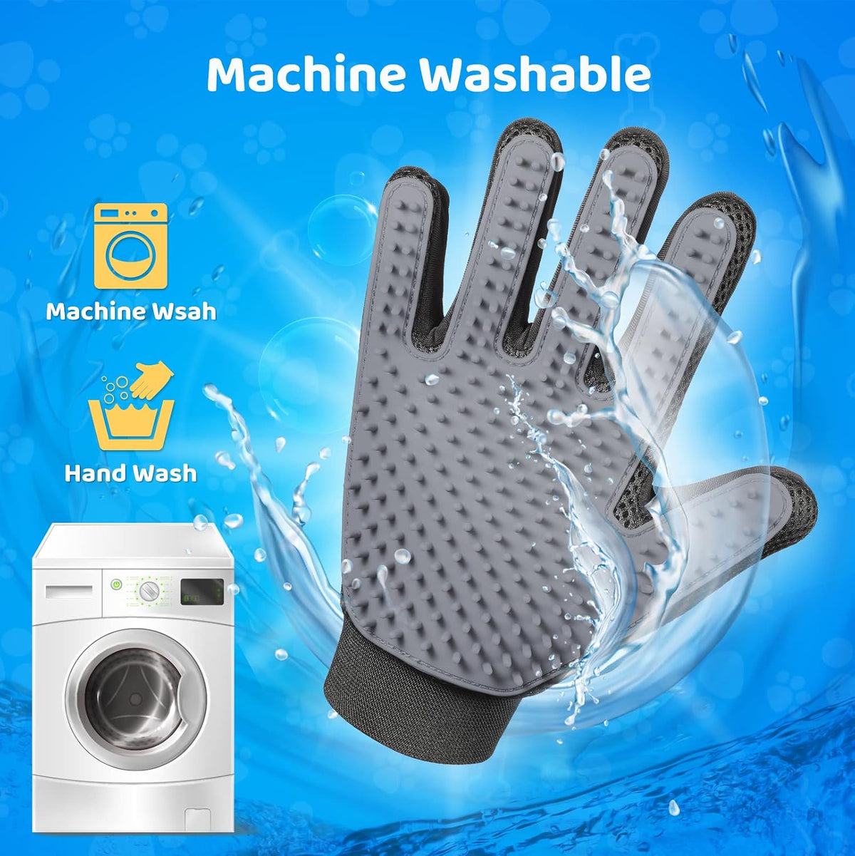 Pet Hair Removal Glove with 255 Silicone Tips for Dogs & Cats, 1 Pair Gray | 2-in-1 Deshedding & Massage Mitt, 5-Finger Flexible Design, for Bathing & Grooming, Safe for Long/Short/Curly Hair Pets 