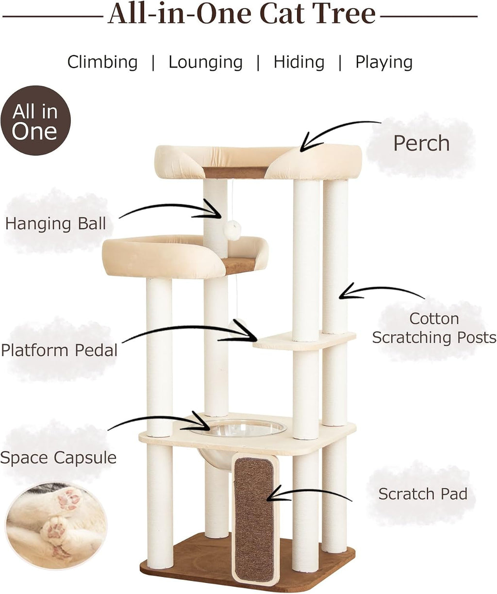 53" Cat Tree Tower for Large Cats, Large Perch & Sisal Board