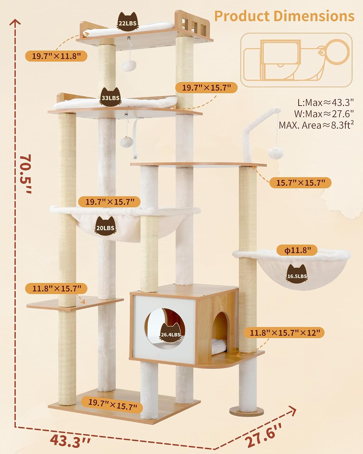 Heybly Cat Tree, 70.5" Wood Tall Cat Tower for Large Indoor Cats HCT121WB