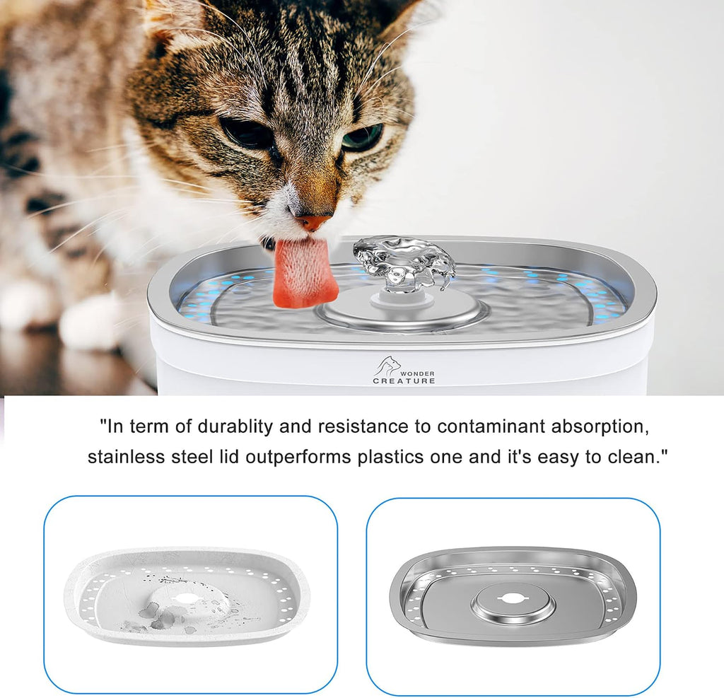 Wonder Creature Cat Water Fountain Stainless Steel Lid with 3 Filters, 84oz