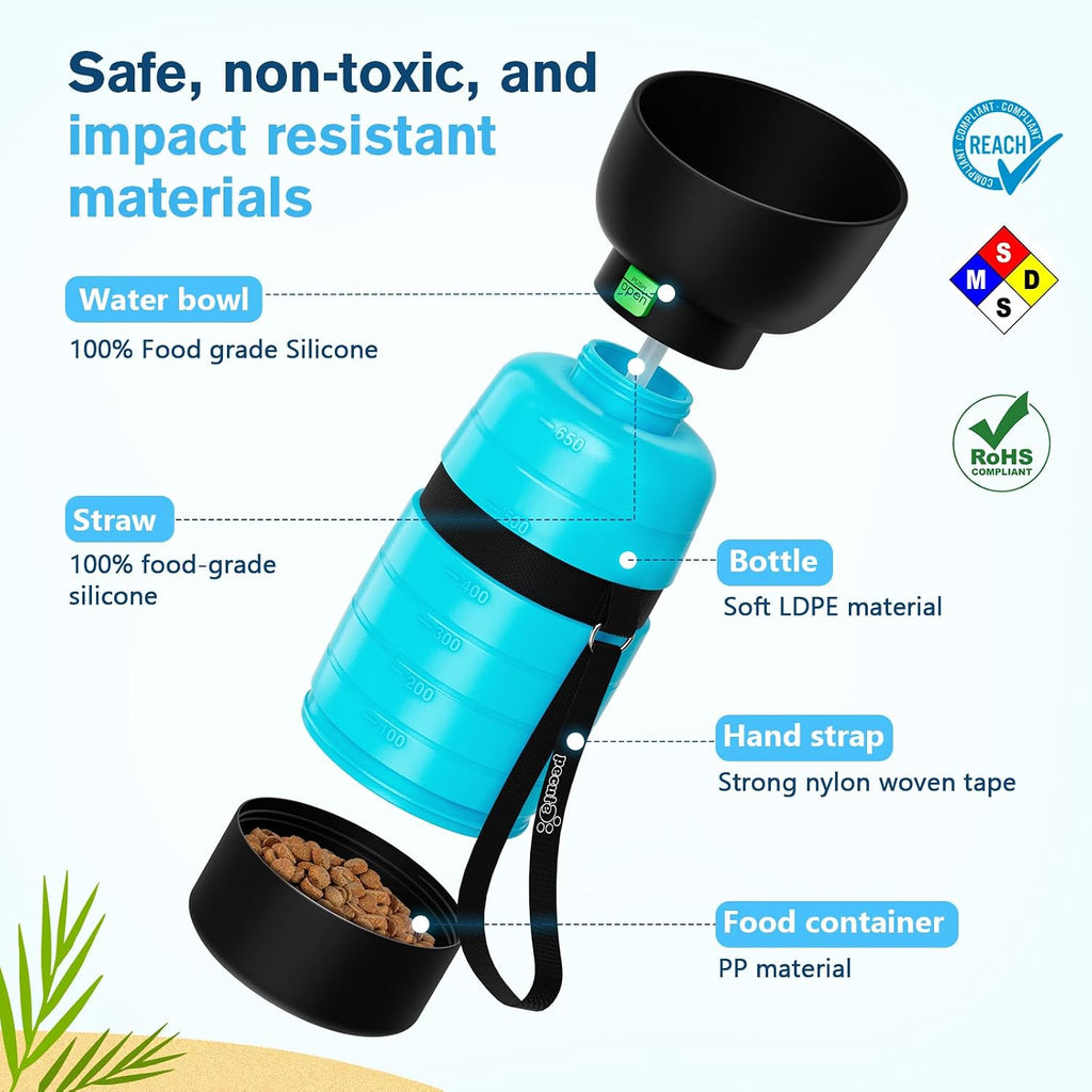 Pecute Upgraded 22 oz Dog Water Bottle with 5 oz Food Container, Portable Dog Travel Water Bottle Dispenser, Leakproof, BPA Free, Lightweight, Pet Water Bottle Bowl for Outdoor Walking Hiking Camping | Portable, Leakproof, BPA Free, Foldable bowl, Ligh...