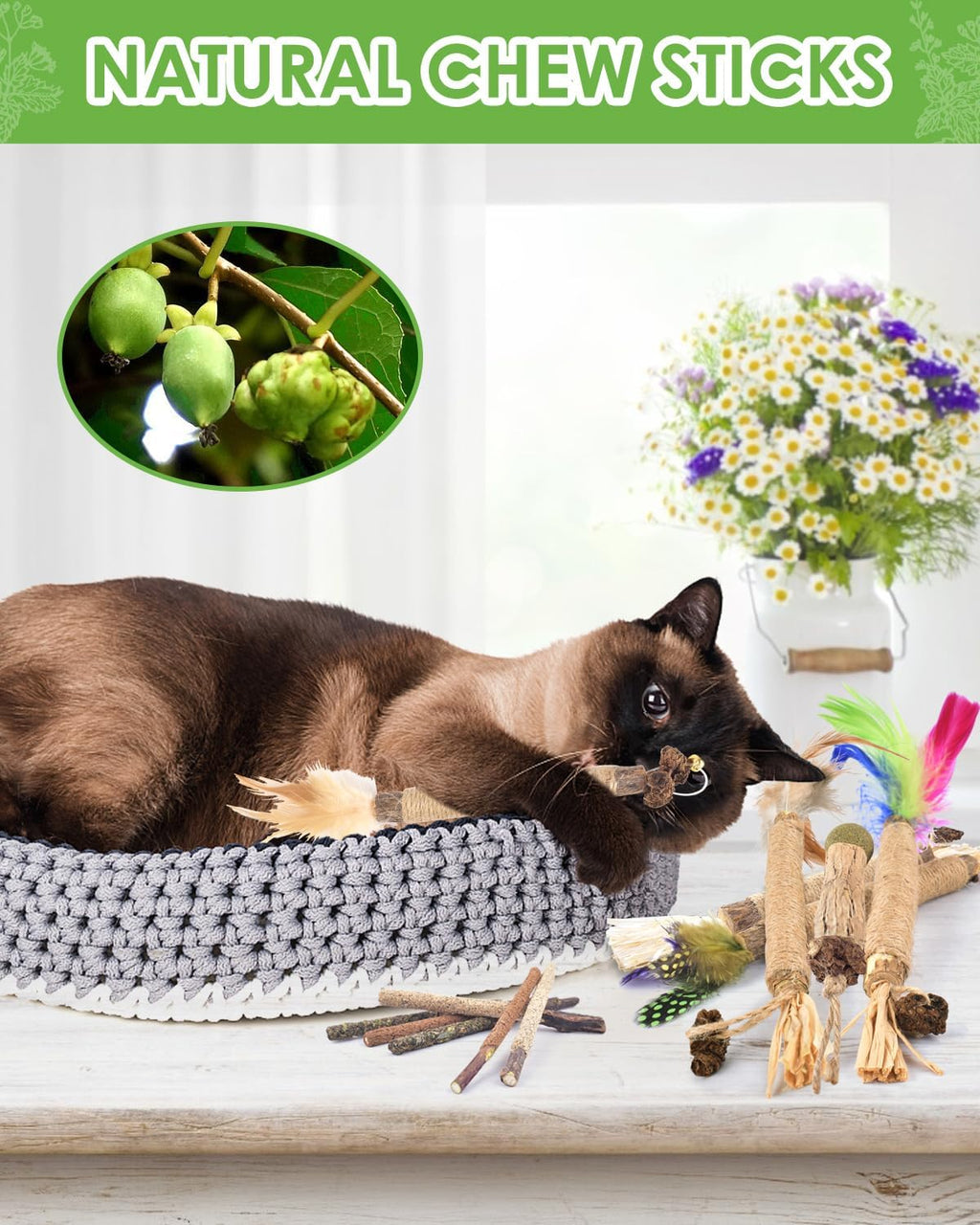 TINDTOP Silvervine Chew Sticks for Cats, 12 Pack Natural Catnip Chew Toys | for Kittens Teeth Cleaning, Matatabi Dental Care, Increase Appetite, Calm Cat Anxiety and Stress, Cat Dental Toy