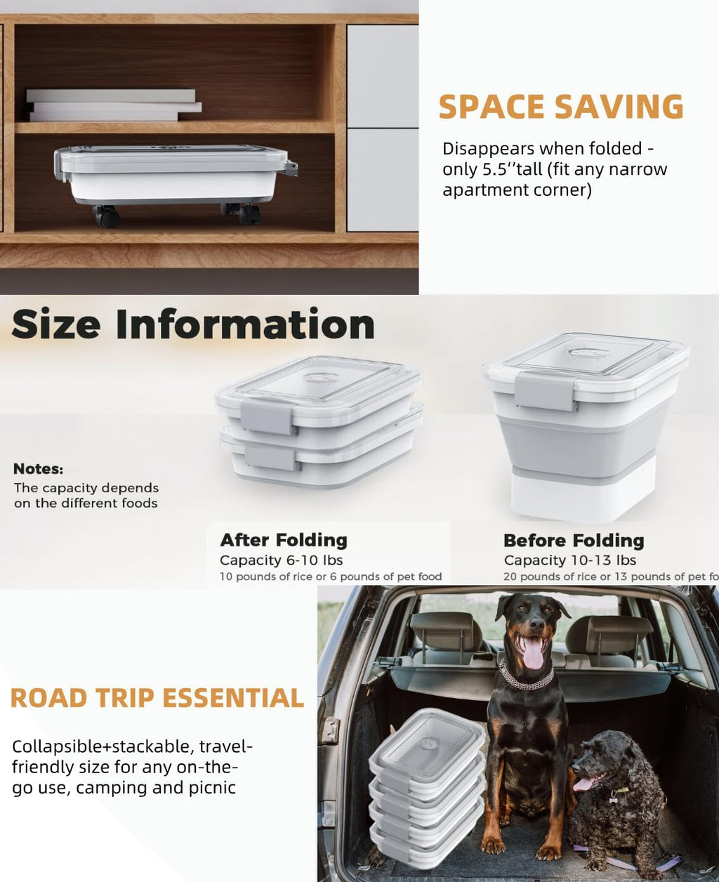 10-13Lbs Airtight Dog Food Storage Container,Collapsible Dog Food Container | Clear Pet Food Storage Container with Double Airtight Seal for Freshness,Cat Food Container One-handed Open,Save Space,Scoop