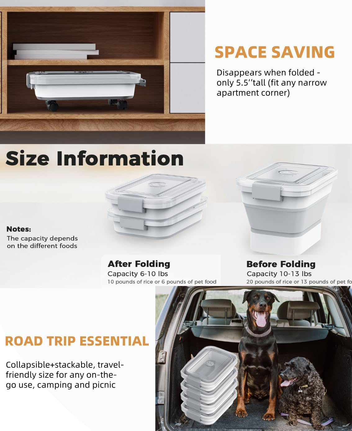 10-13Lbs Airtight Dog Food Storage Container,Collapsible Dog Food Container | Clear Pet Food Storage Container with Double Airtight Seal for Freshness,Cat Food Container One-handed Open,Save Space,Scoop