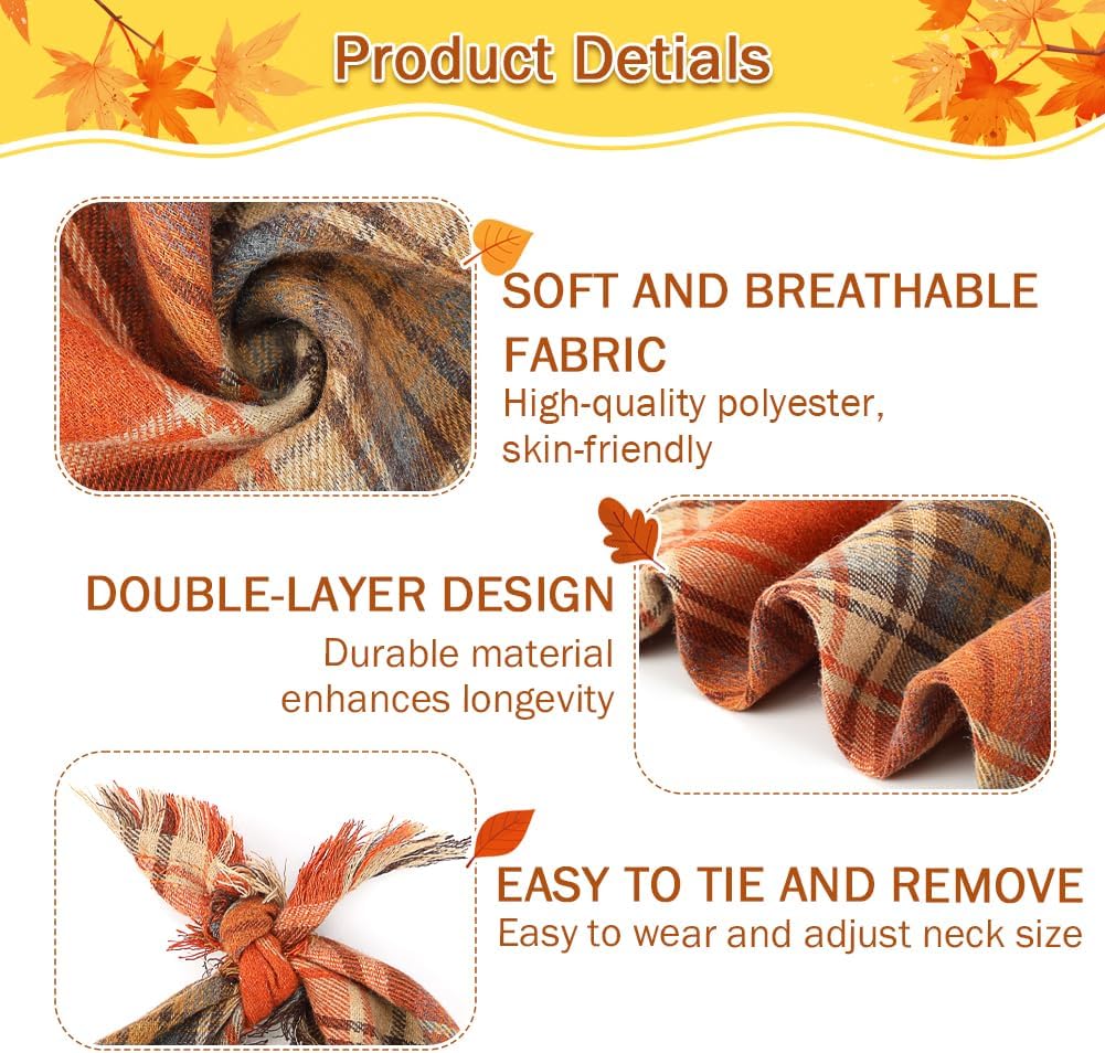 Vivifying Fall Dog Bandana, 2 Pack Plaid Dog Scarf with Tassels Edges, L