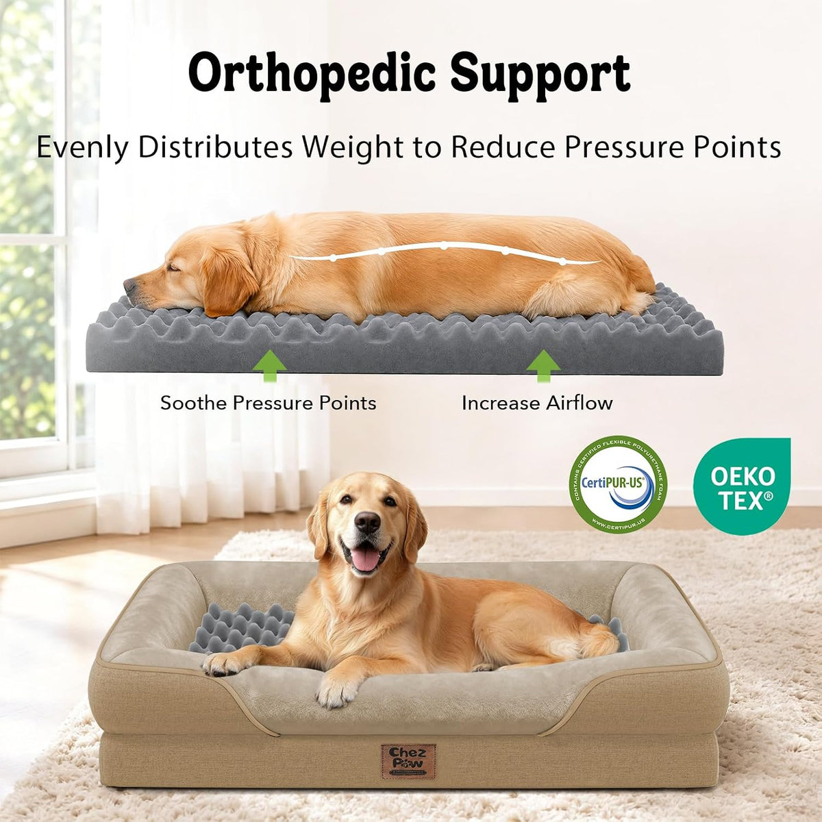 Chez Paw Orthopedic Waterproof Dog Bed for Medium and Large Dogs
