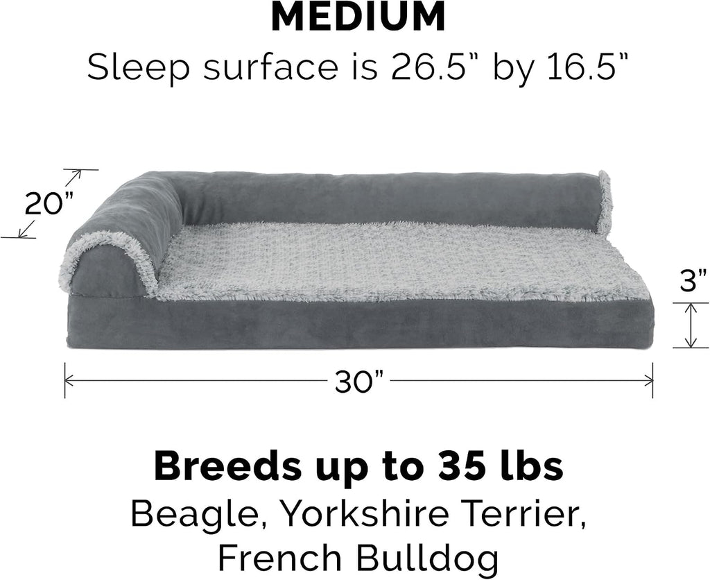 Furhaven Replacement Dog Bed Cover Two-Tone Faux Fur & Suede L Shaped Chaise, Machine Washable - Stone Gray, Medium