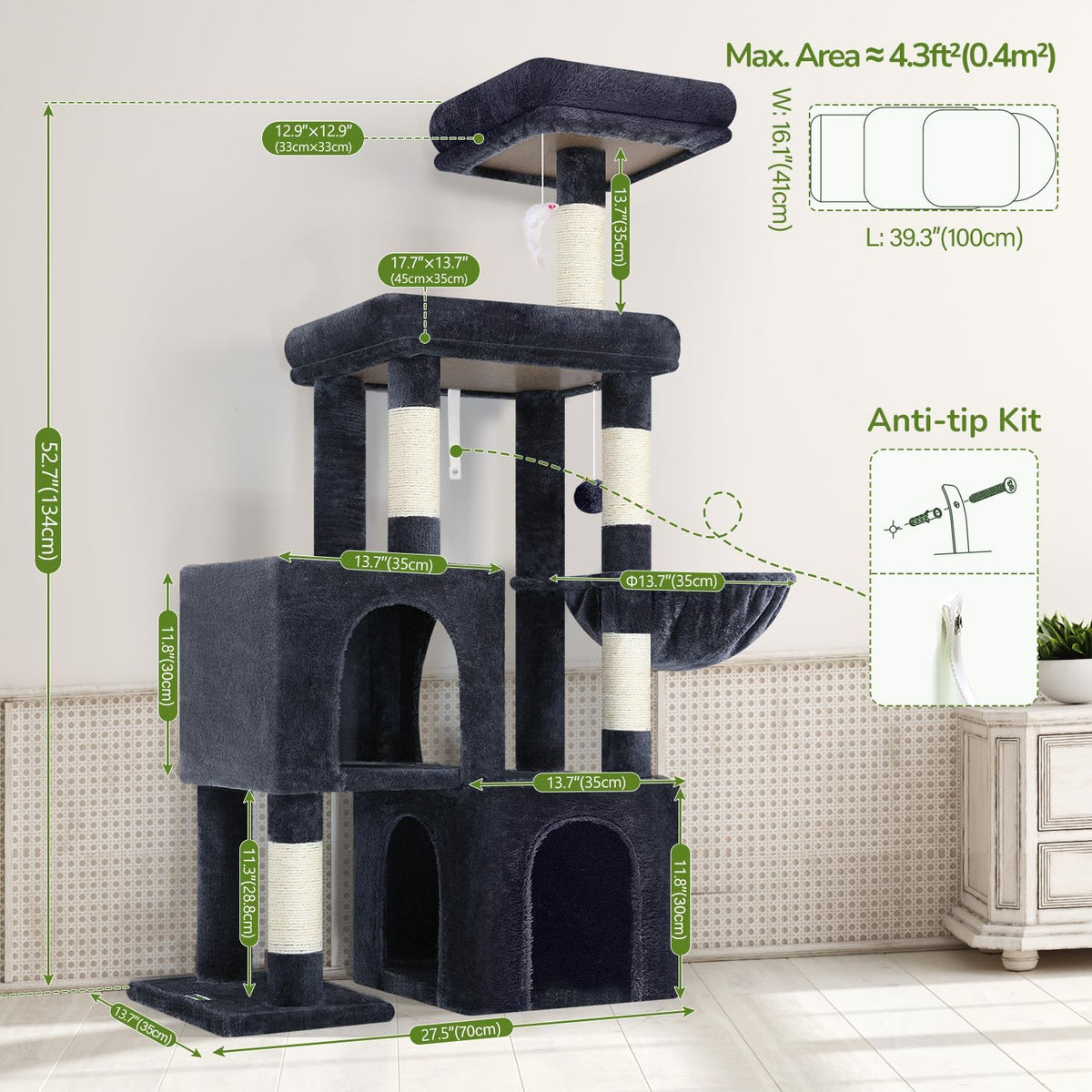 Globlazer 52in Cat Tree Tower for Indoor Cats, 2 Condos, S52, Dark Grey