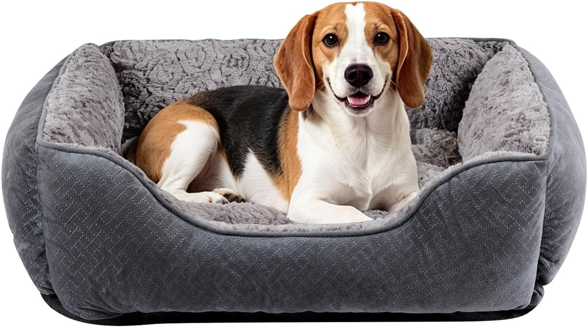 Dog Bed Medium, Super Soft Rectangle Dog Beds, Washable Warming Pet Bed with Anti-Slip Bottom, Anti-Anxiety, Grey, 25 x 21 x 8inch