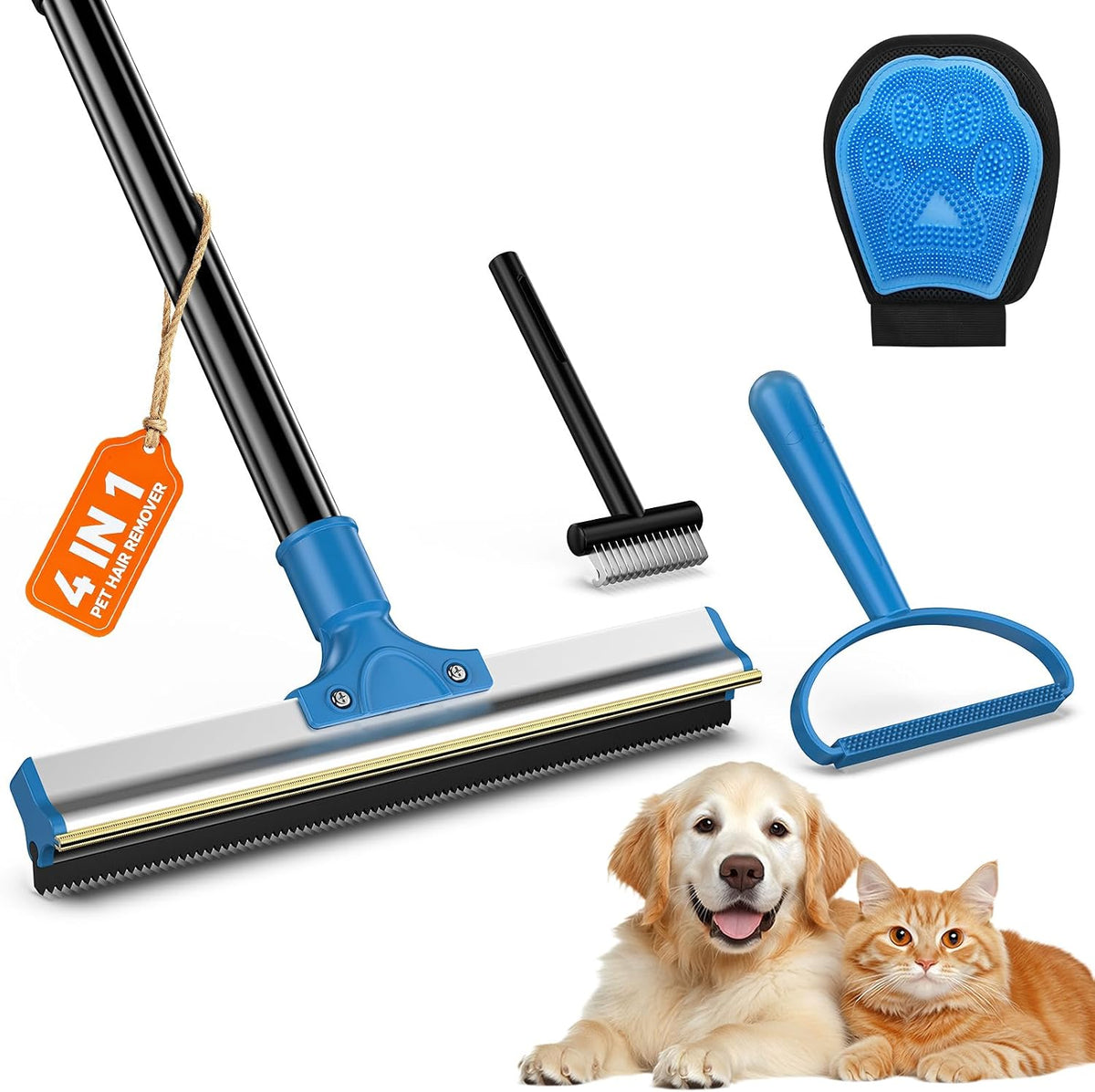 4-in-1 Pet Hair Removal Tool Set - Dual-Head Carpet Rake & Floor Scraper