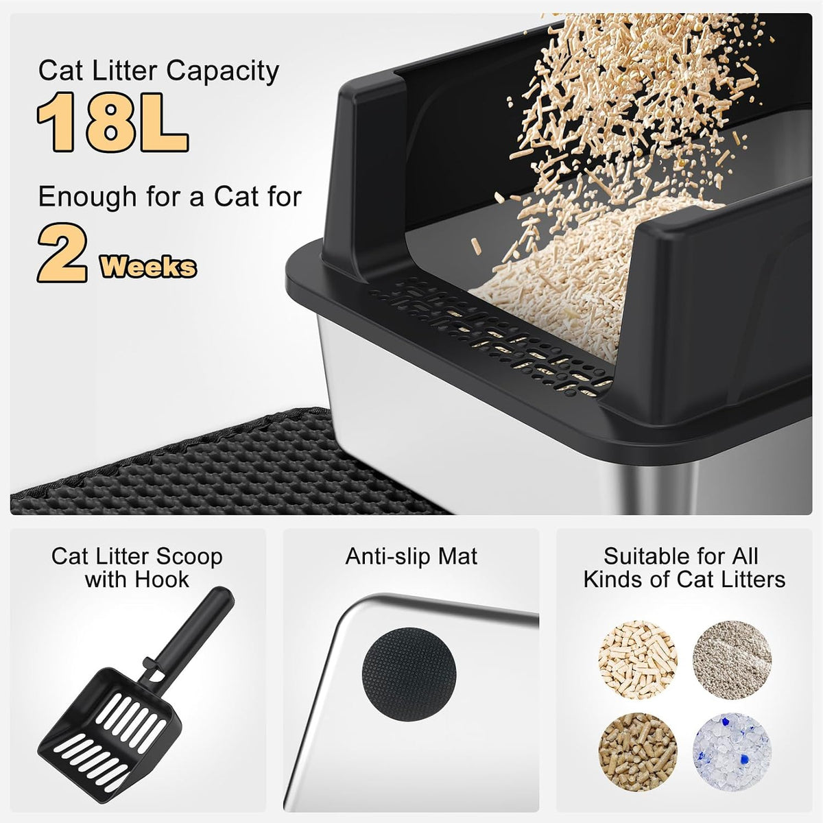 FURTIME Stainless Steel Cat Litter Box, Small Cats Metal Litter Box