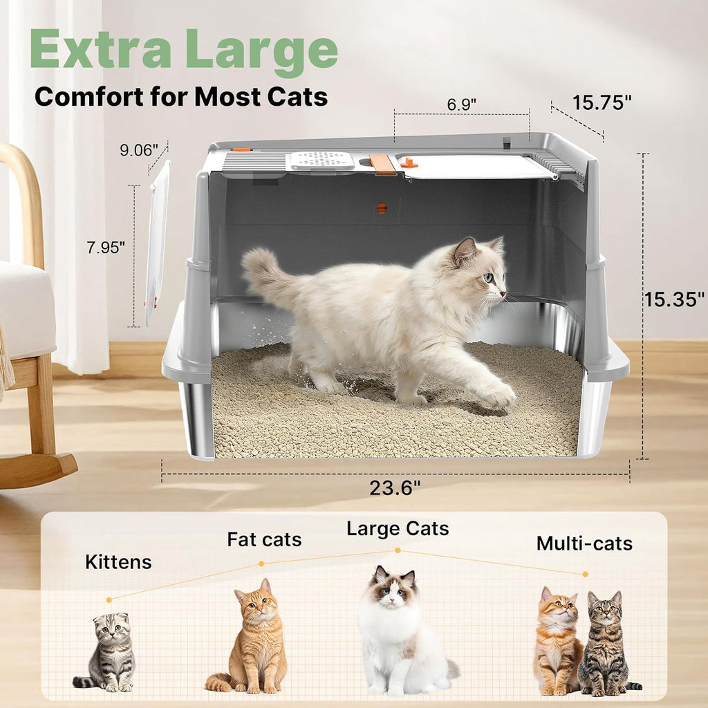 Stainless Steel Litter Box with Flip Lid, XL Extra Large Cat Litter Box with High Sided Top Entry Design, Anti-Leakage Enclosed Metal Litterbox for Big Cats, with Handle, Mat, Pedal & Scoop Grey