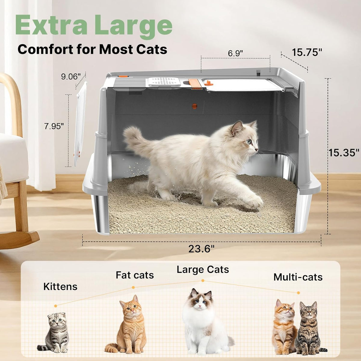 Stainless Steel Litter Box with Flip Lid, XL Extra Large Cat Litter Box with High Sided Top Entry Design, Anti-Leakage Enclosed Metal Litterbox for Big Cats, with Handle, Mat, Pedal & Scoop Grey