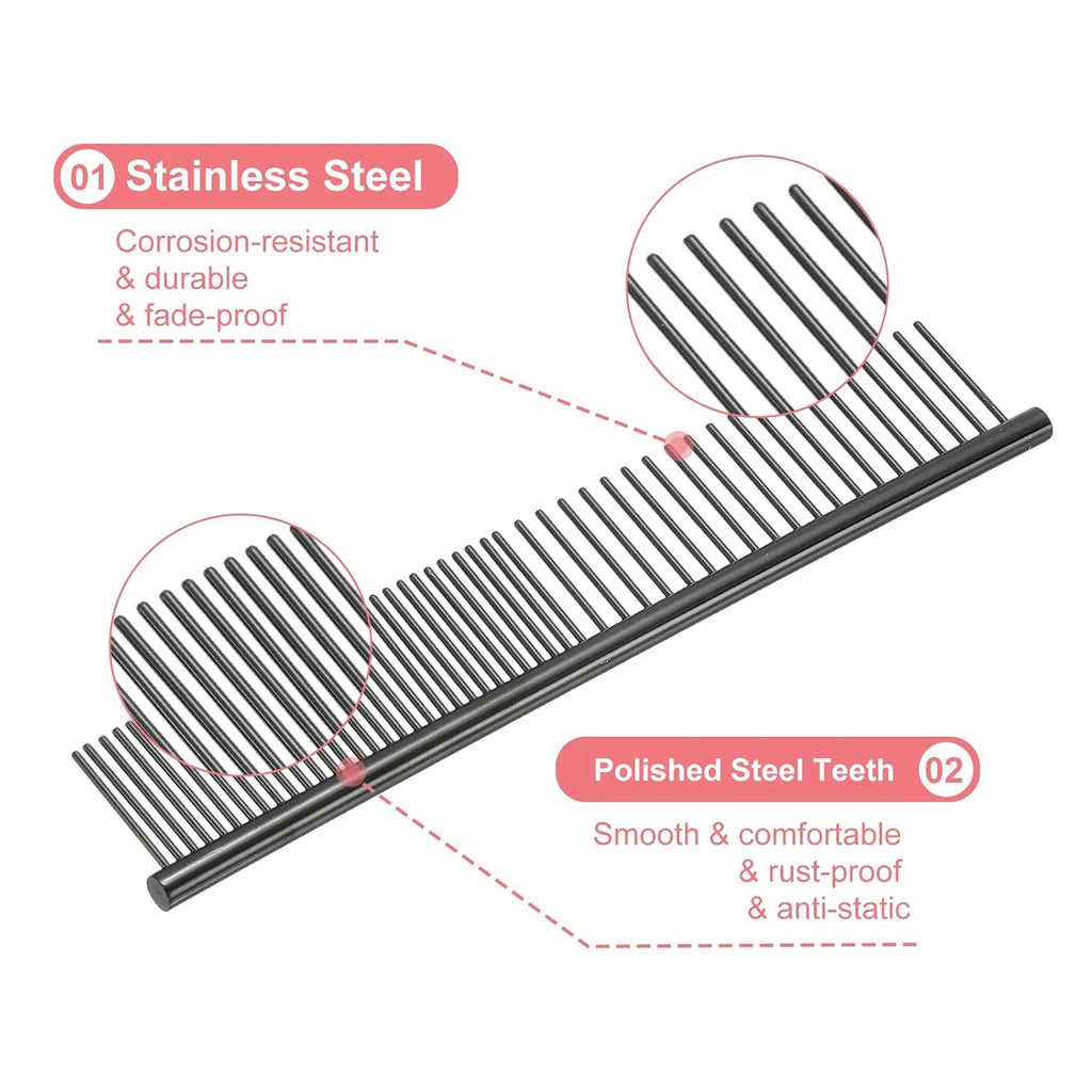 Dog Cat Comb, Pet Combs Stainless Steel Teeth with Rounded Ends for Knots Mats Loose Hair Removal, 6.5IN (Black Plated, 3 Pack), Grooming Tool Intended for Long Curly Hair Pet