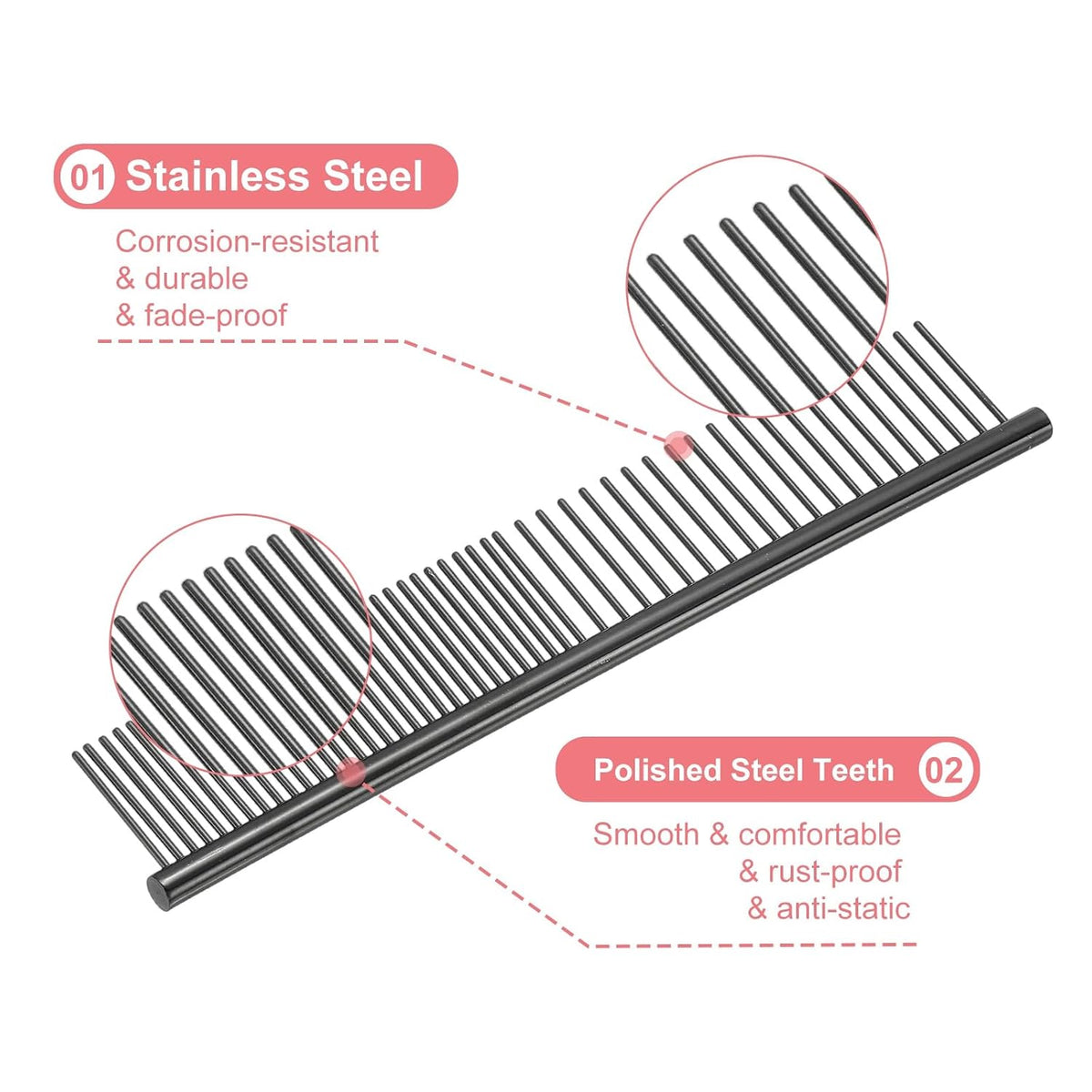 Dog Cat Comb, Pet Combs Stainless Steel Teeth with Rounded Ends for Knots Mats Loose Hair Removal, 6.5IN (Black Plated, 3 Pack), Grooming Tool Intended for Long Curly Hair Pet