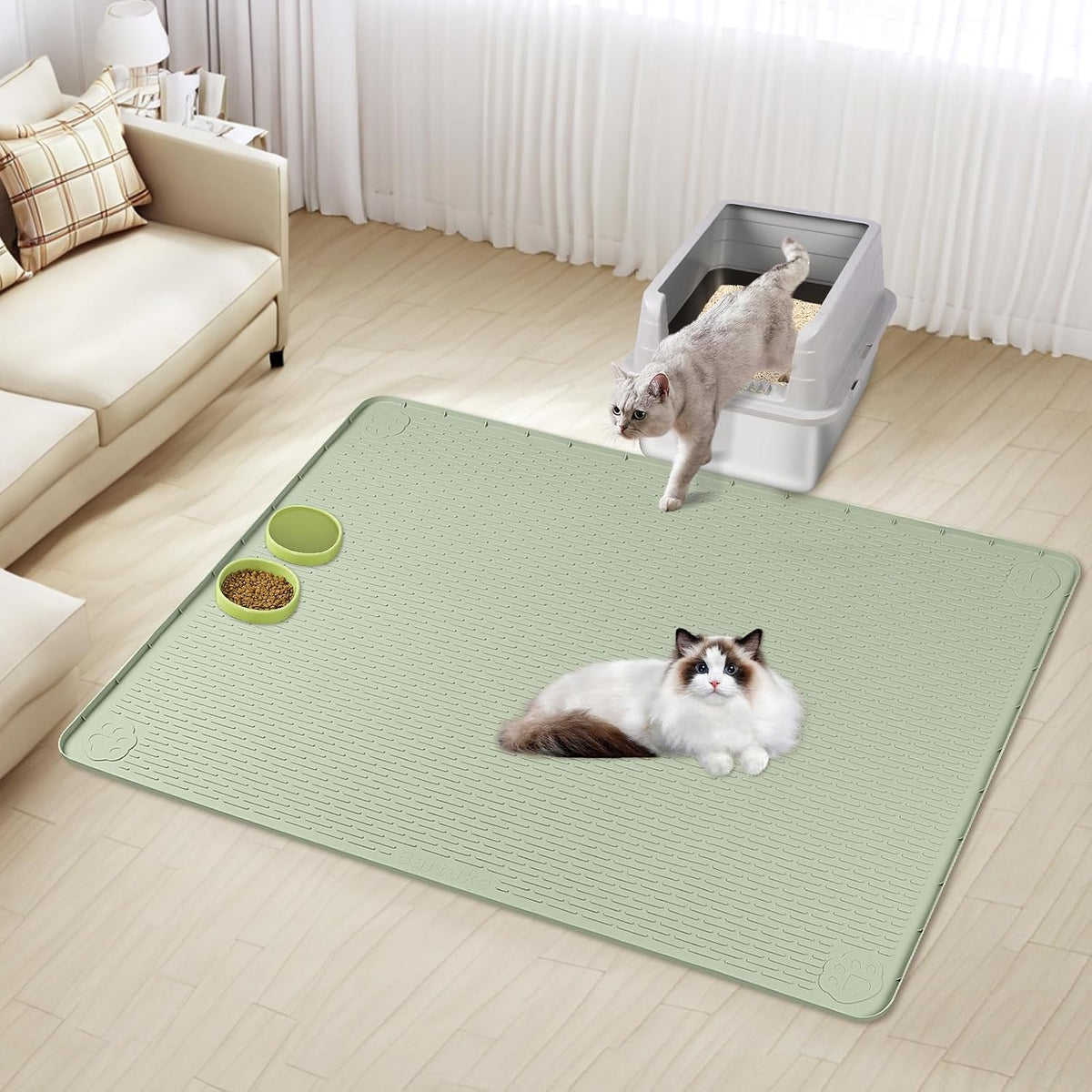 Silicone Cat Litter Mat for Litter Box 57”x40” Large Cat Mat, Green | Waterproof, Non-Slip, Leak-Proof Rug Mat with Lip, Easy to Clean, Extra Large Litter Catcher Mat for Floor