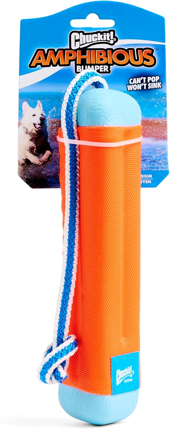 Chuckit! Amphibious Bumper Fetch and Float Toy 2 Sizes Assorted Colors | Floats in Water & Keeps Dogs Busy with Interactive Fetch Play; Made of Tough Rubber, Nylon & Foam with Non-Slip Rope Handle