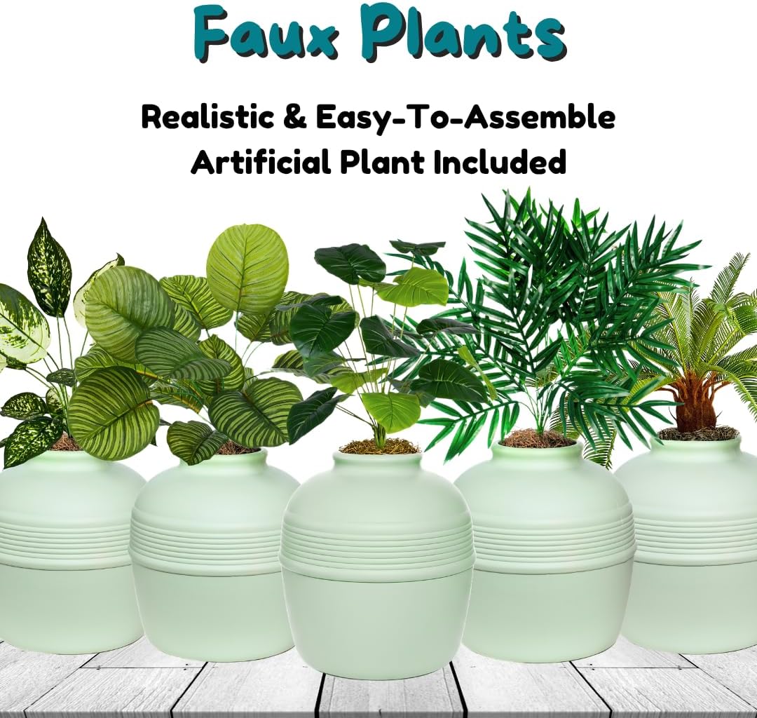 Good Pet Stuff Original Hidden Litter Box Planter, Decorative Cat Litter Enclosure, Carbon Filter, Faux Plant, Round Design, Easy to Clean, Base Kit, Broad Leaf Philodendron, Mint Green