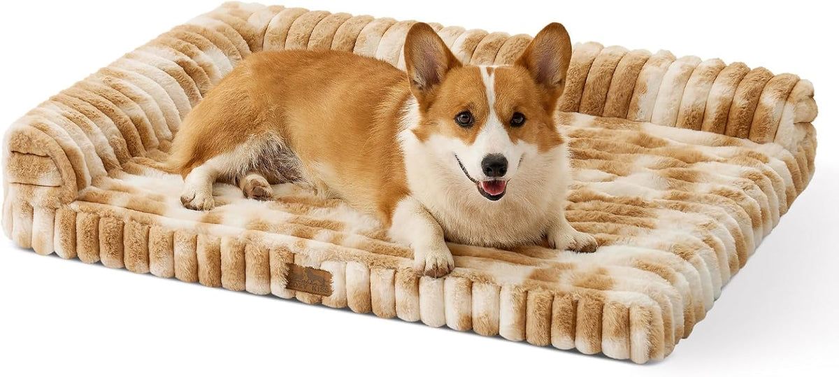 COZY KISS Faux Rabbit Fur Medium Dog Bed – 36"x27" Orthopedic Foam Couch with Sides, Removable Washable Cover & Waterproof Lining, Tie-Dye Brown