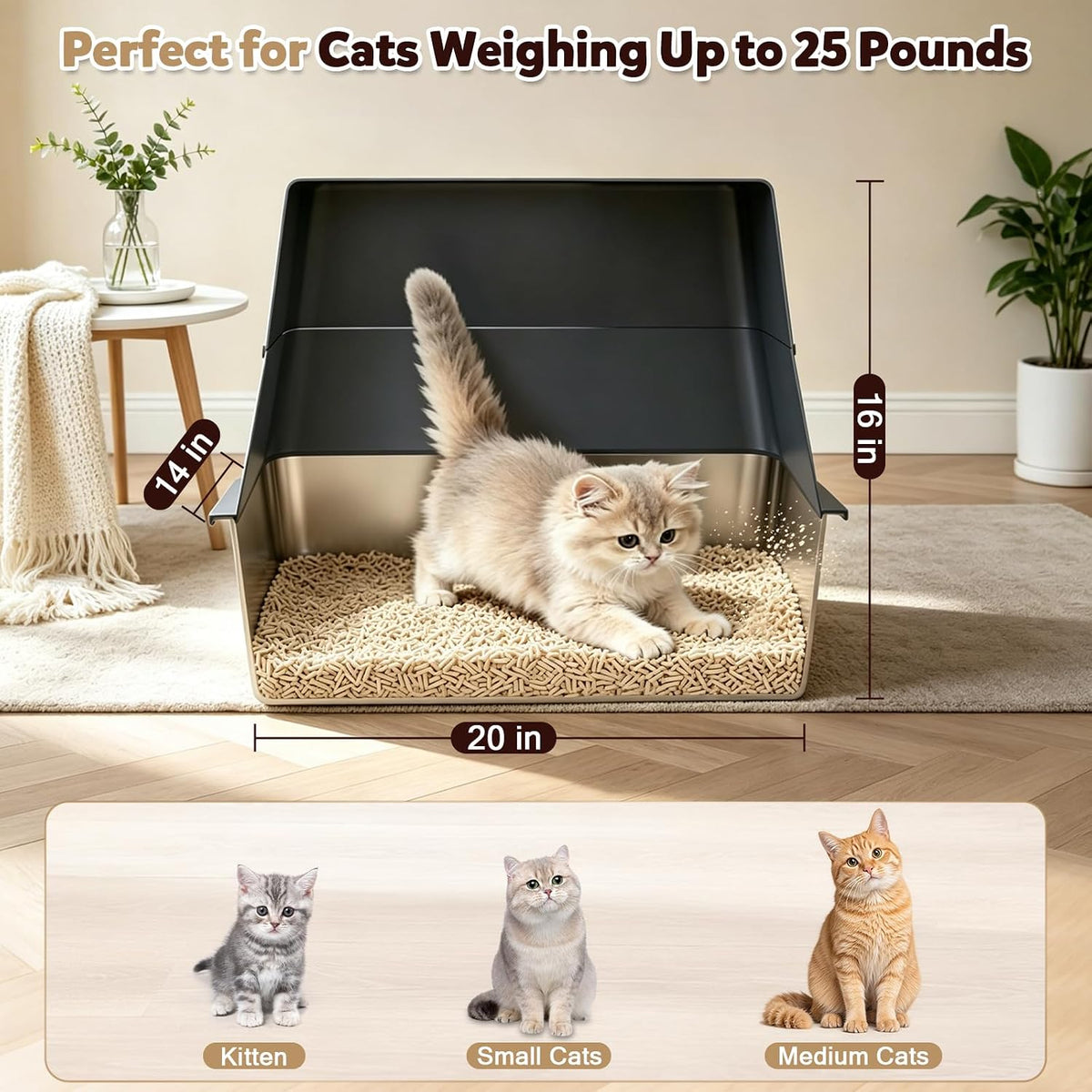 Stainless Steel Litter Box with Lid,Large Covered Enclosed Kitty Box,Enclosed High Sided Litter Box with Moveable Lid,Odor Free, Anti-Leakage with Litter Scoop for Kitty to Medium Cats(Grey)