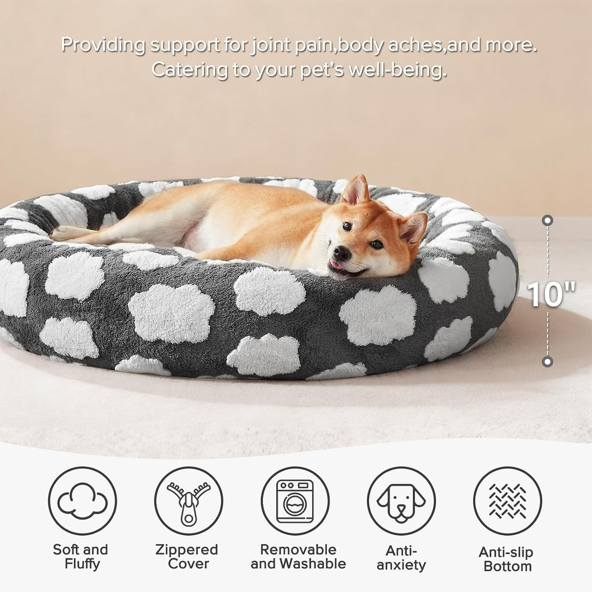 JOEJOY Jacquard Donut Round Dog Bed, Grey, 36x36x8in, Large Sized Dog