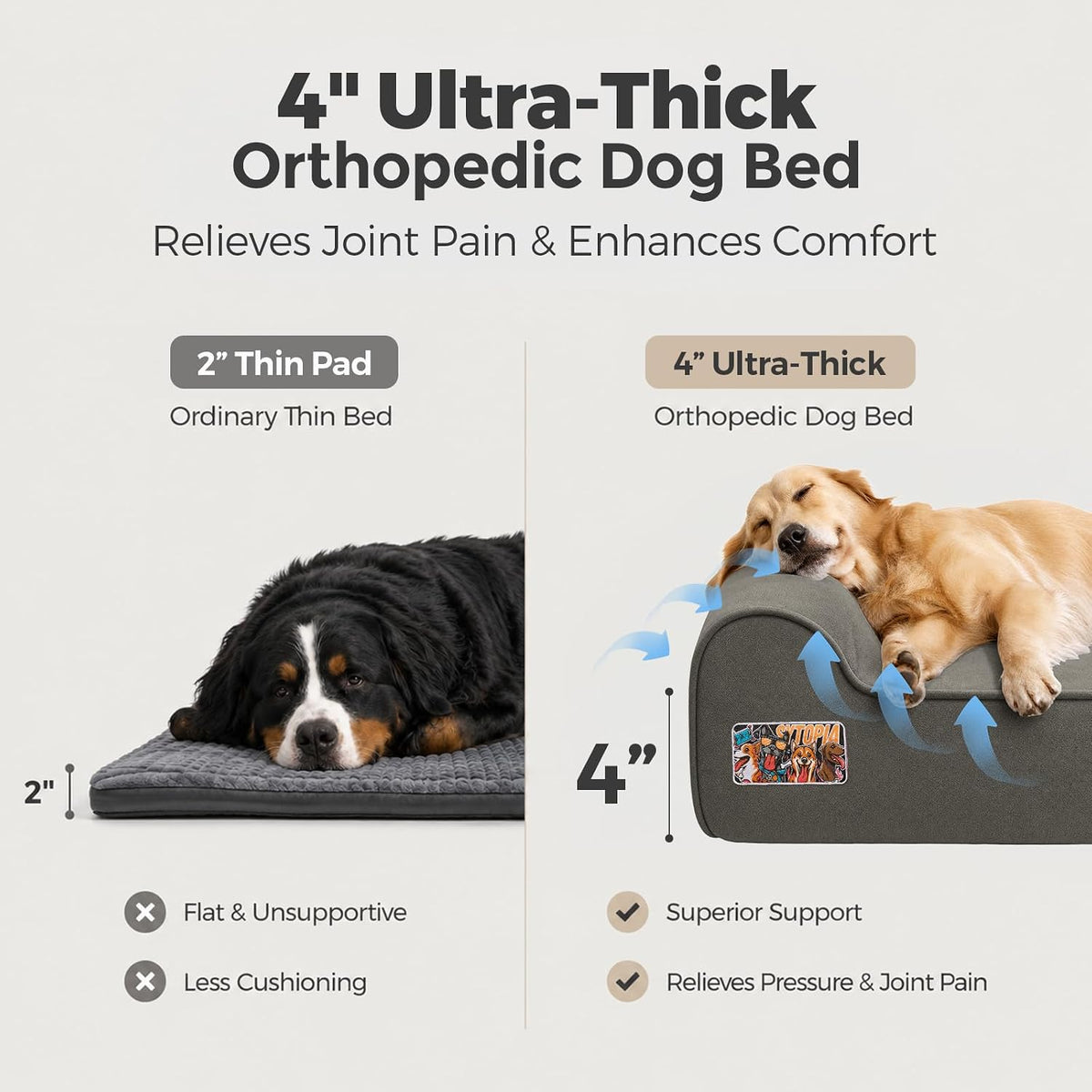 Sytopia Orthopedic Dog Beds for Large Dogs – 4" Extra Thick Memory Foam Pet Couch for Senior Dogs and Great Danes with Waterproof Liner & Washable Cover, Nonskid Bottom, 46"x28"x4", Dark Grey
