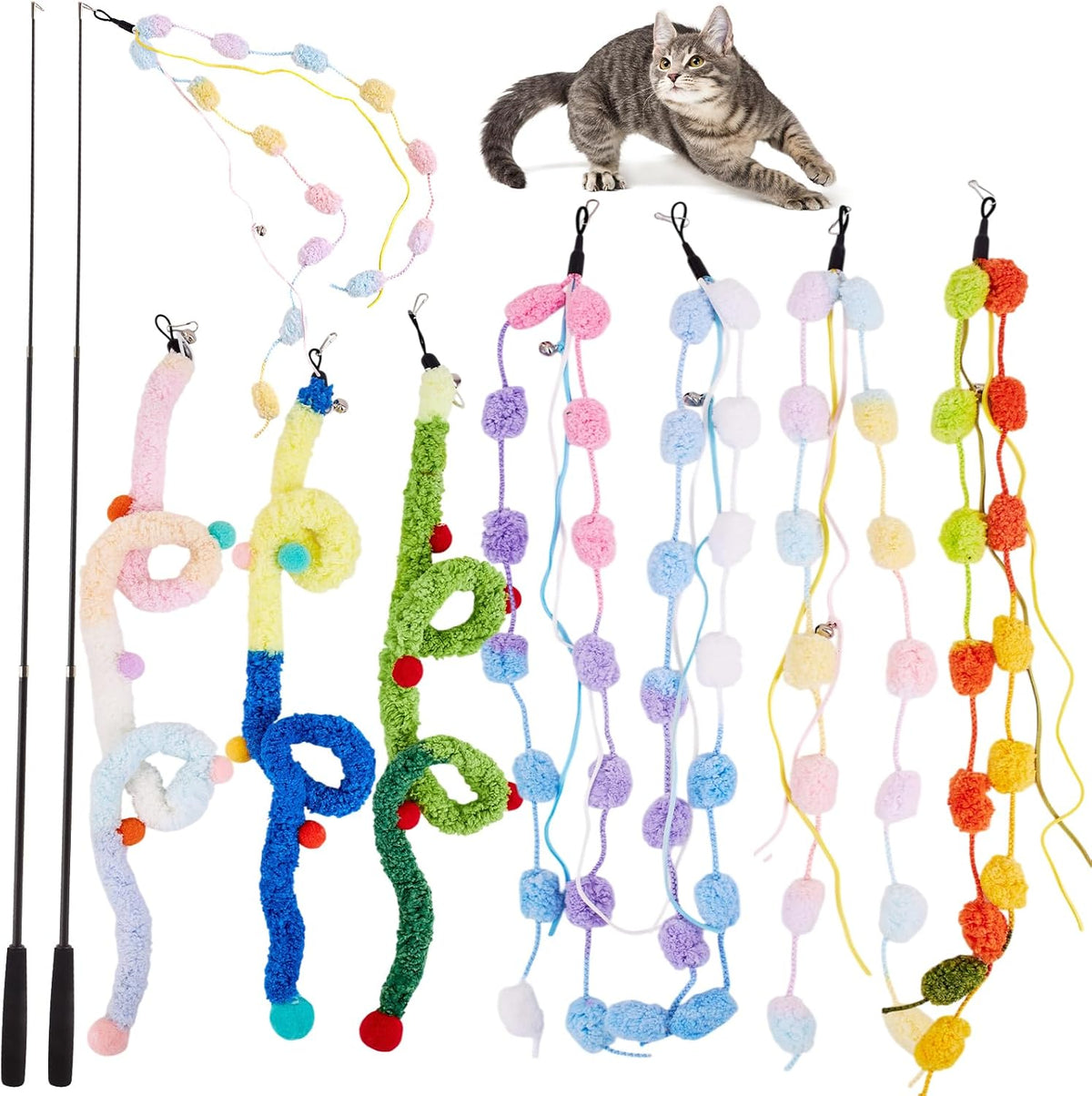 Cat Wand Toy, 9Pcs Retractable Plush Srtip Cat Teaser Wand Toys