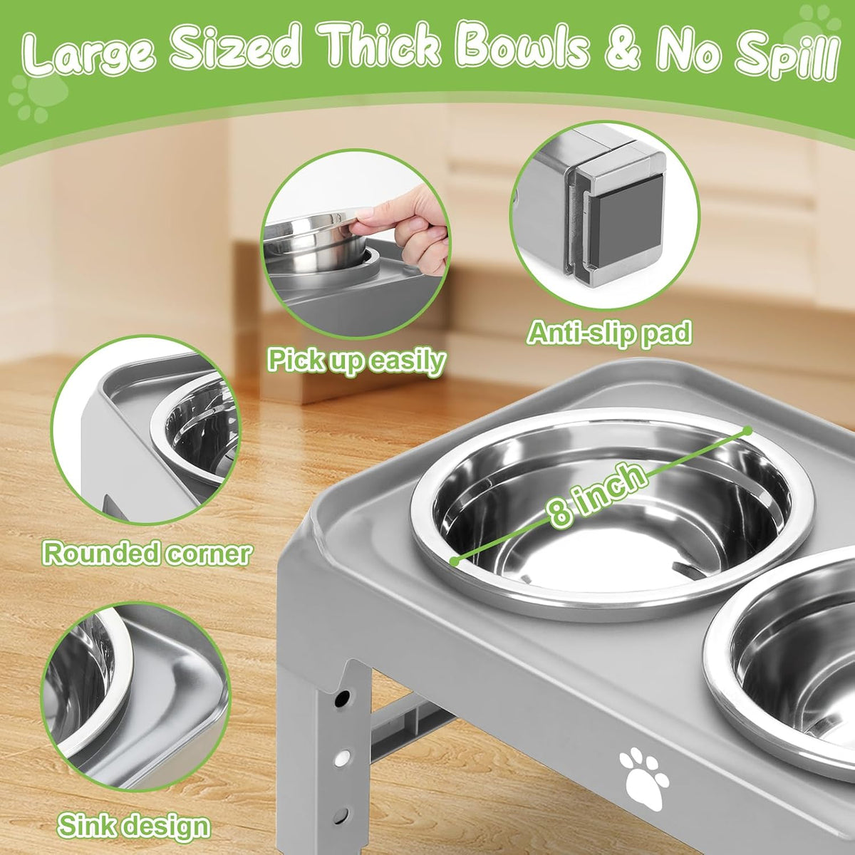 Elevated Raised Dog Bowl Stand with 2 Stainless Steel Bowls, Adjustable Height for Medium Large Dogs, 12.36" - 3.7" Foldable Feeder, Grey