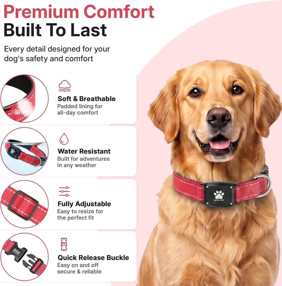 GPS Dog Collar with Tracker, Waterproof, No Monthly Fee, Red, L