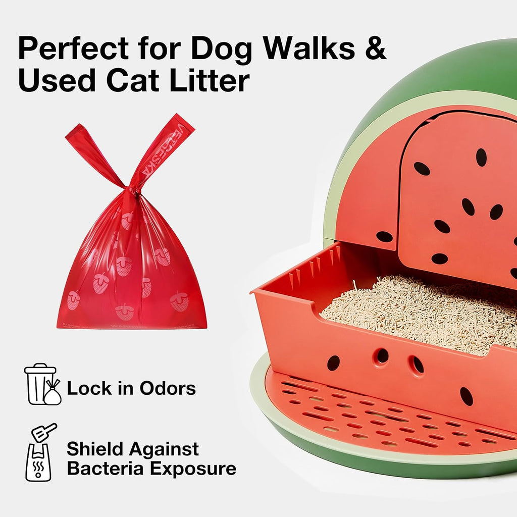 VETRESKA Dog Poop Bags with Handle 120 Count, Strawberry Scented Waste Bag | Leak-Proof Thick Dog Bags for Poop, Easy-Tie Large Poop Bags, 8 Refill Rolls for Dog Walking Cat Litter