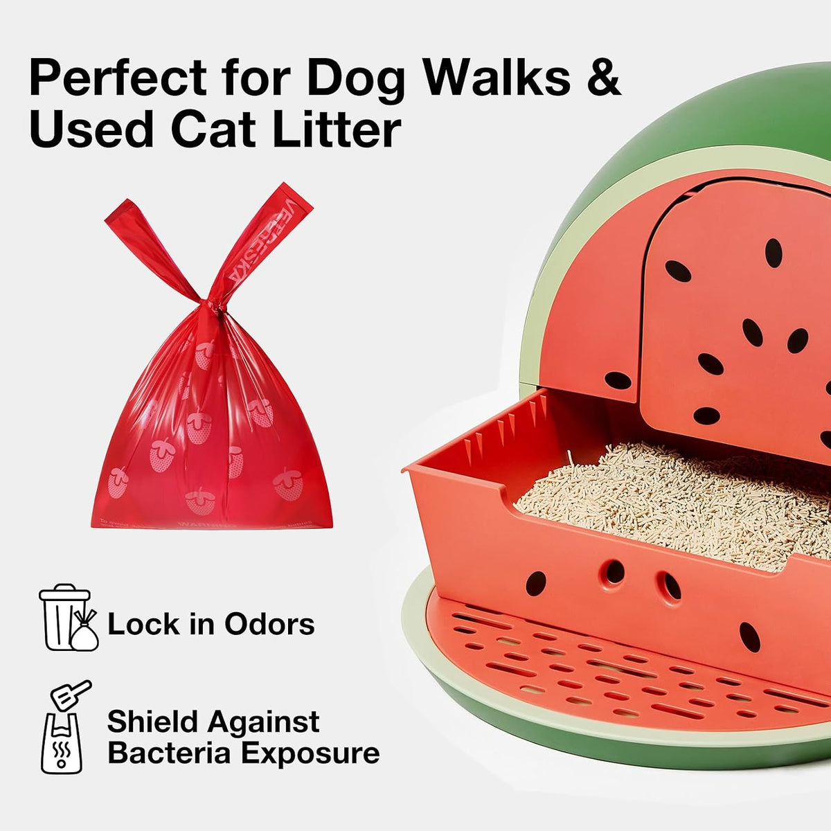 VETRESKA Dog Poop Bags with Handle 120 Count, Strawberry Scented Waste Bag | Leak-Proof Thick Dog Bags for Poop, Easy-Tie Large Poop Bags, 8 Refill Rolls for Dog Walking Cat Litter