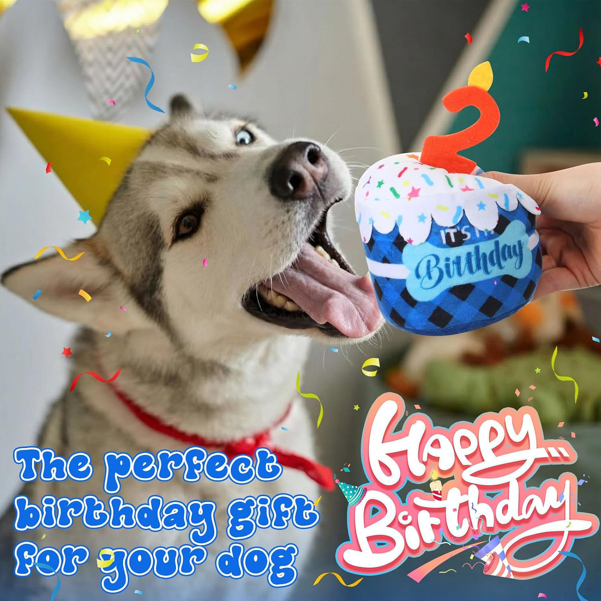 Dansydaisy Dog Birthday Cake Toy Squeaky Plush Gift,2nd,Blue Grid | Interactive Squeaky Gift for Dogs, Dog Birthday Decor , Soft Chew for Small Medium Large Pets, Cake Design with Candle