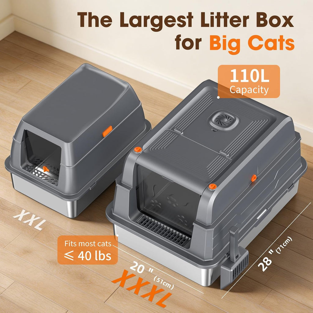 XXXL Stainless Steel Cat Litter Box with Lid – 28"×20"×17", Grey