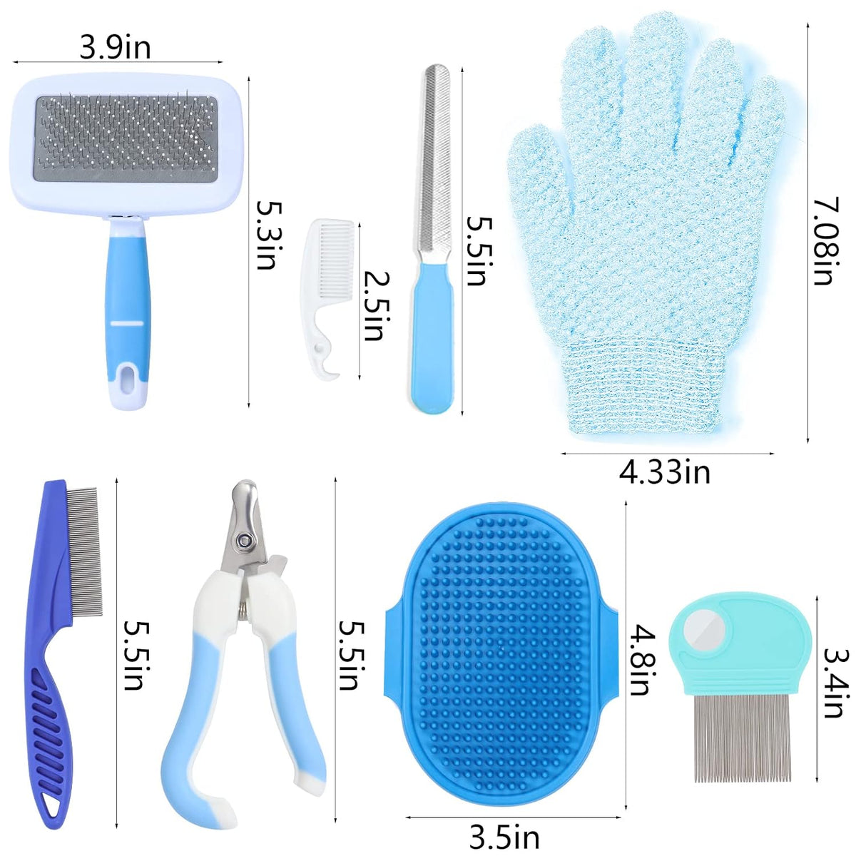 VCZONE Small Animal Grooming Set: Pet Nail Clipper & File, Flea Comb, Shampoo Brush, Shedding Slicker Brush, Massage Glove, Cleaning Comb (Blue)