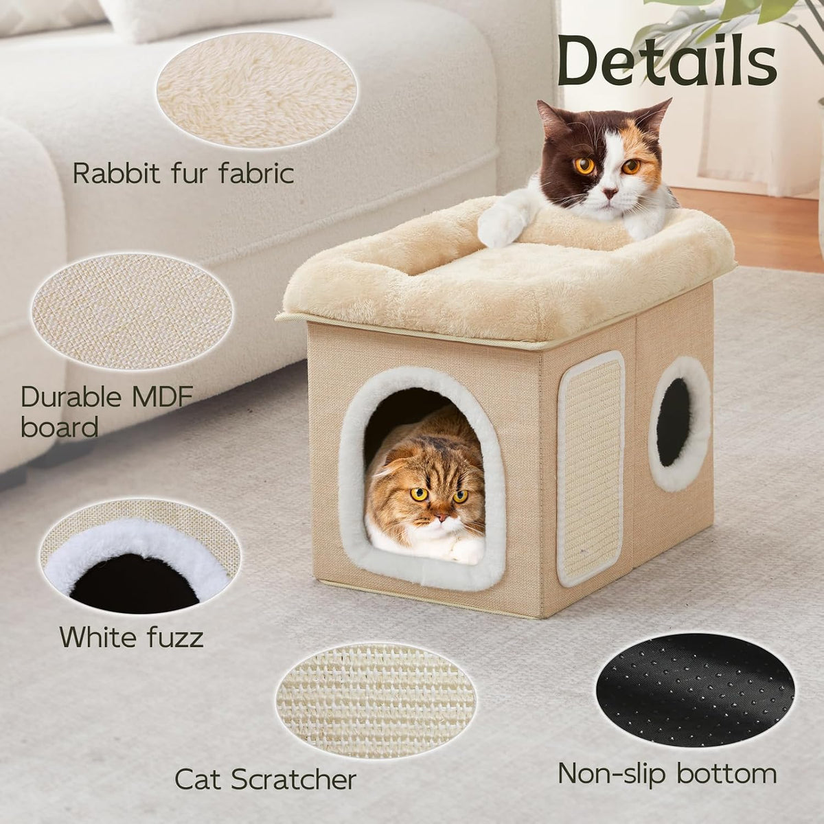 WINDRACING Cat Beds for Indoor Cats - Cat House for Pet and Foldable Cat Cave Bed with Scratch Pad, Cat Hideaway Condo for Kitten, 16.9x12.8x14.2 inches, Beige