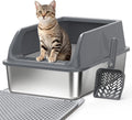 Stainless Steel Cat Litter Box with Lid, Enclosed Litter Boxes XL High Sided for Kitty Big Cat and Multiple Cats, Anti-Urine Leakage | Non-Stick & Includes Cat Mat and Scoop