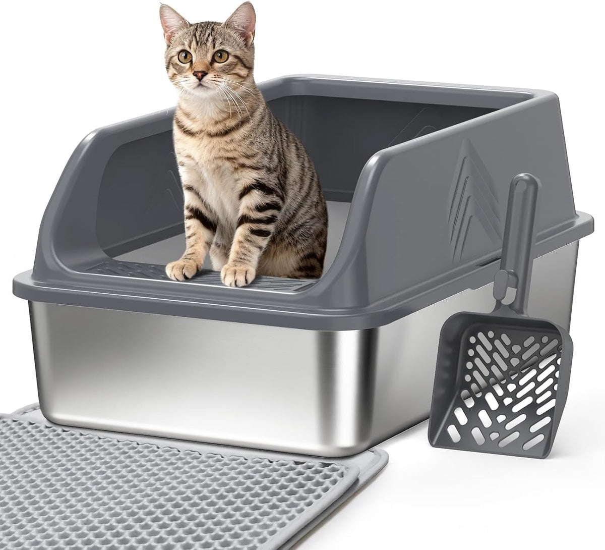 Stainless Steel Cat Litter Box with Lid, Enclosed Litter Boxes XL High Sided for Kitty Big Cat and Multiple Cats, Anti-Urine Leakage | Non-Stick & Includes Cat Mat and Scoop