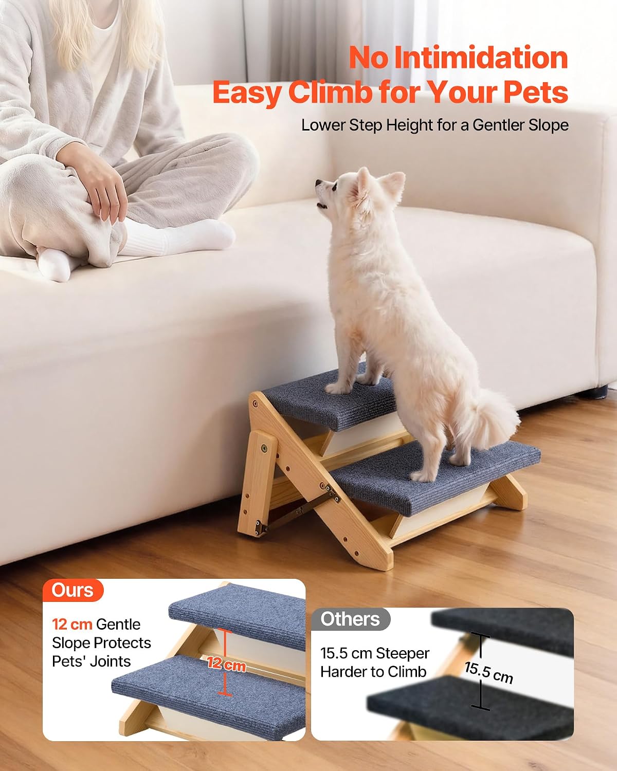 VEVOR Wood Pet Stairs, 2-Step Dog Stairs for Beds, Sofa & Cars, 110lbs Load Capacity, Floded Flat Design, Stable & Sturdy Cat & Dog Step Ladder for Small Medium Large Older Pet Puppy Essentials