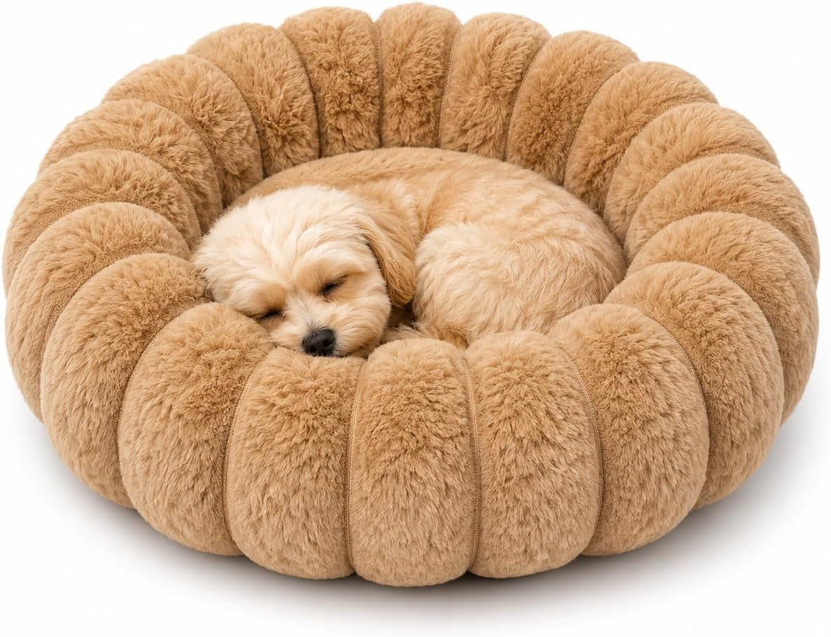 Calming Small Medium Dog Bed Donut Washable Puppy Bed, 27.5” Khaki