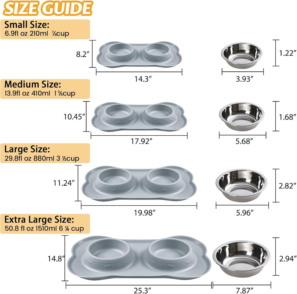 Hubulk Pet Dog Bowls 2 Stainless Steel Dog Bowl with No Spill Non-Skid Silicone Mat + Pet Food Scoop Water and Food Feeder Bowls for Feeding Small Medium Large Dogs Cats Puppies (Medium, Gray) 