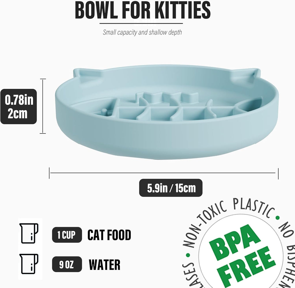 Silicone Cat Slow Feeder Bowl with Suction Cups, Puzzle Feeder, Interactive Toys for Cats, Reduces Overeating (Blue, 1 Cup)